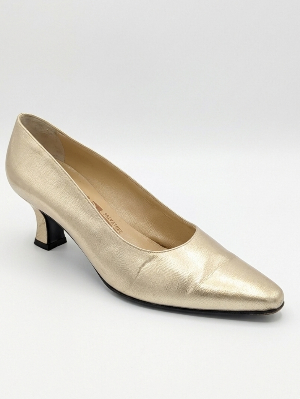 Ferragamo Vintage Metallic Gold Fabric Low Heel Pumps Size 7.5